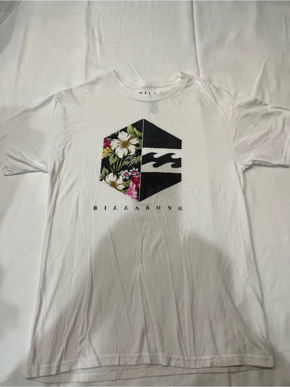 Billabong White Short Sleeve Tee with Black and Floral Logo